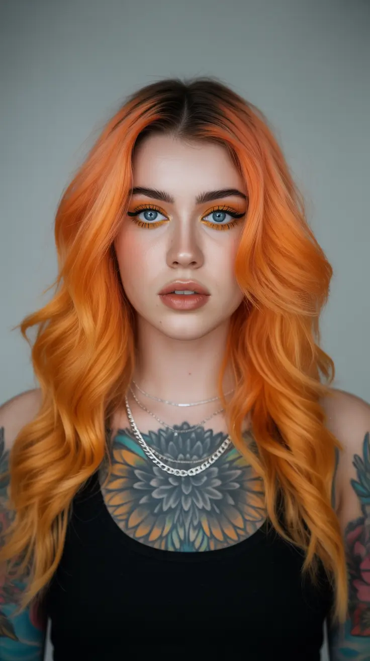 winter trending hair colors 2025-2026 Fiery Orange Waves with Bold Personality