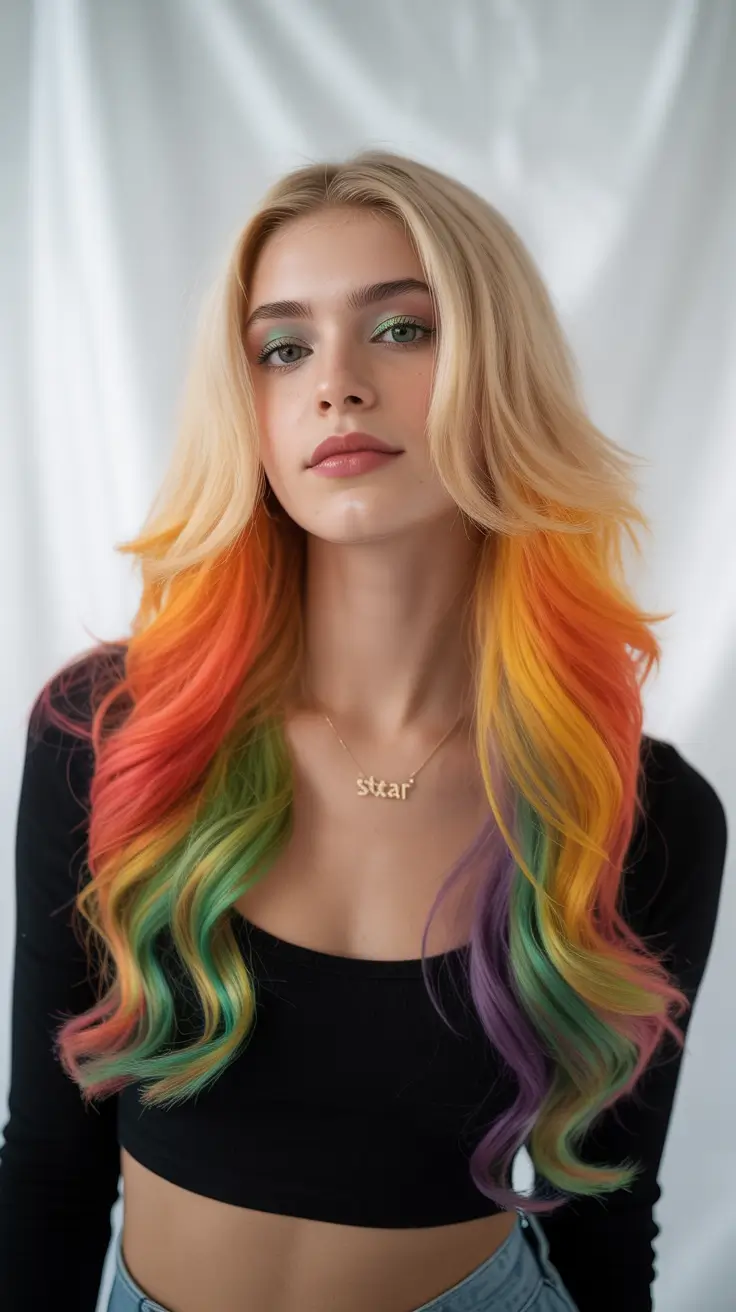 winter trending hair colors 2025-2026 Rainbow Fire and Ice Layers