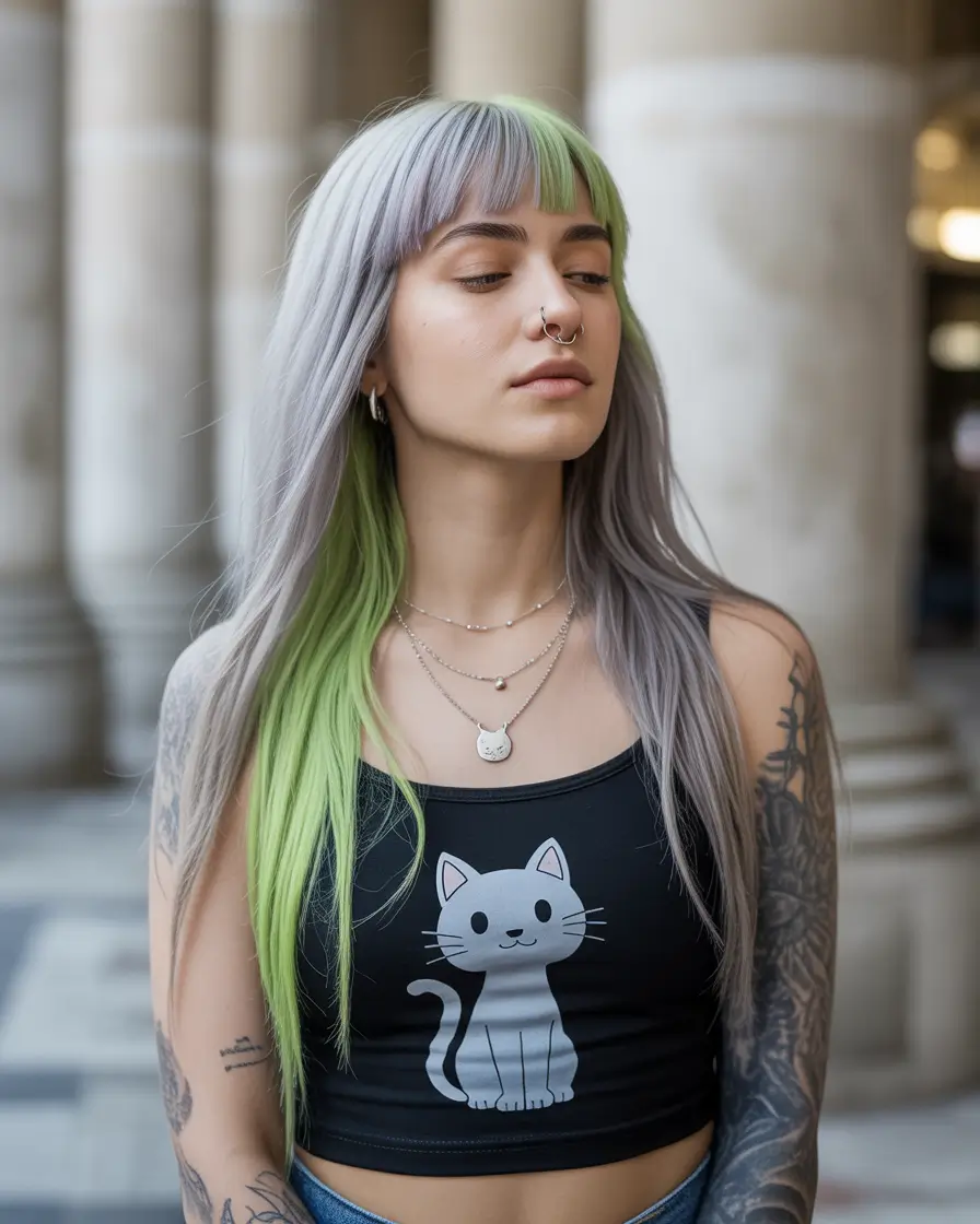 winter trending hair colors 2025-2026 Edgy Ash with Neon Green Streaks