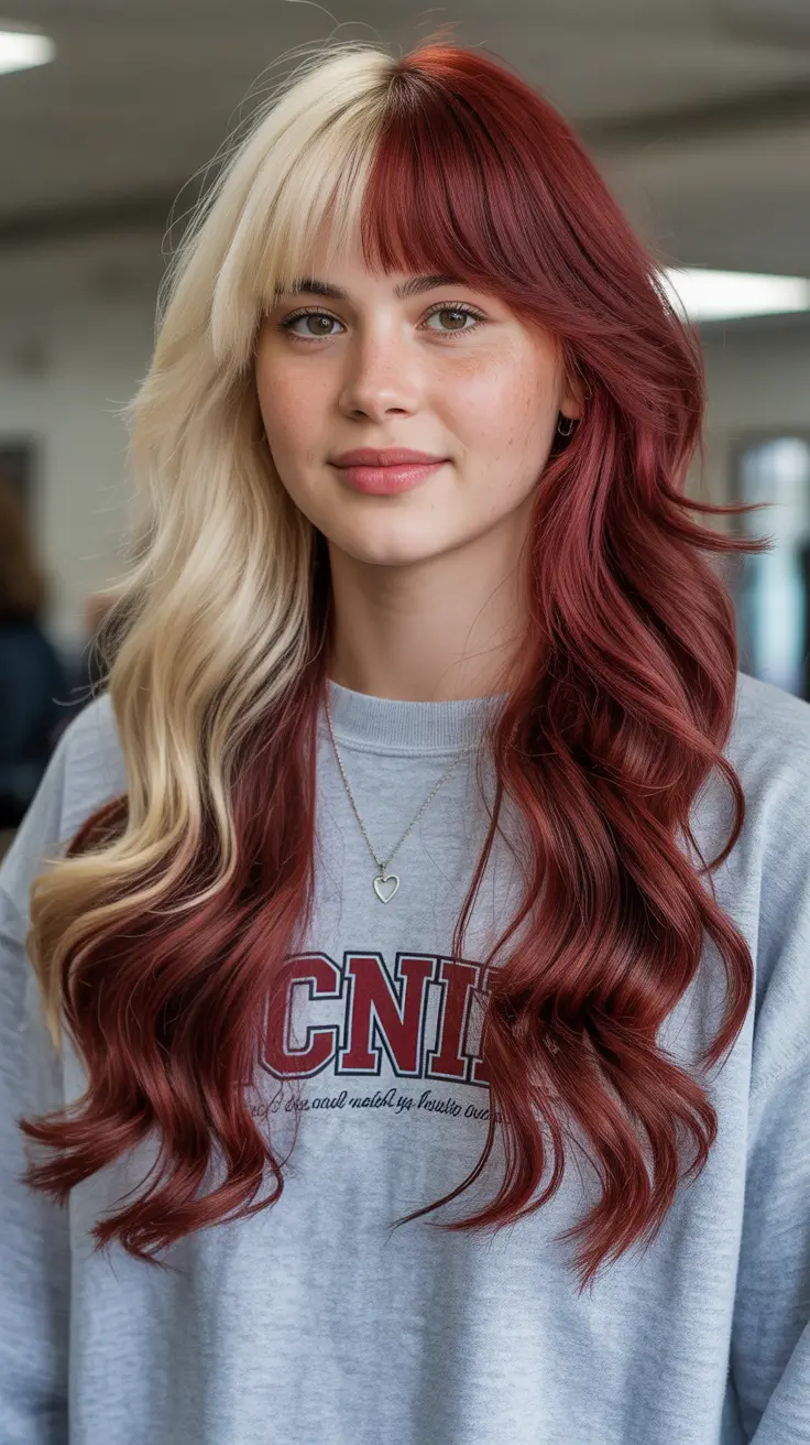 winter trending hair colors 2025-2026 Two-Toned Cherry Red and Platinum