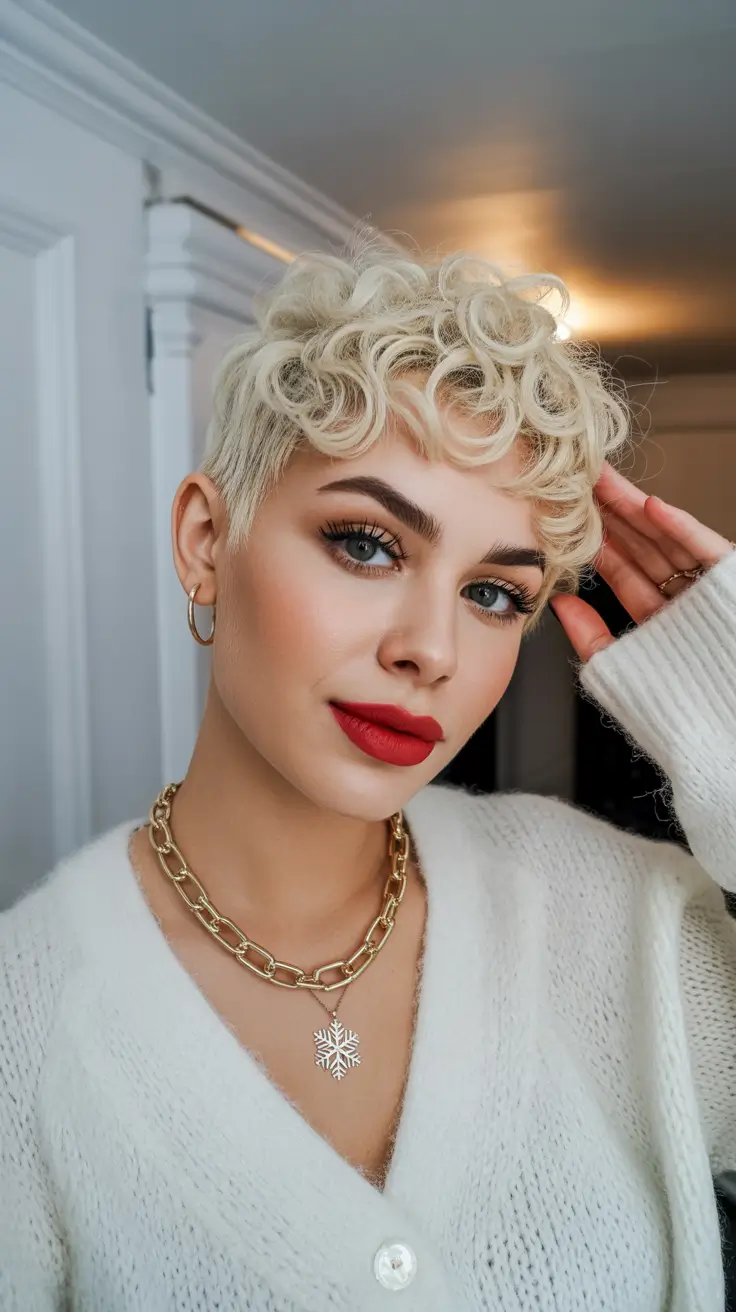 winter trending hair colors 2025-2026 Platinum Pixie with Playful Curls