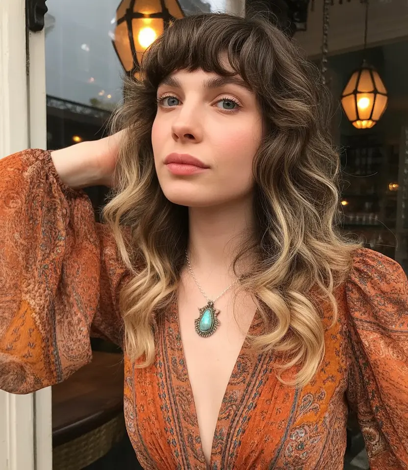 winter trending hair colors 2025-2026 Soft Brunette Waves with Wispy Bangs