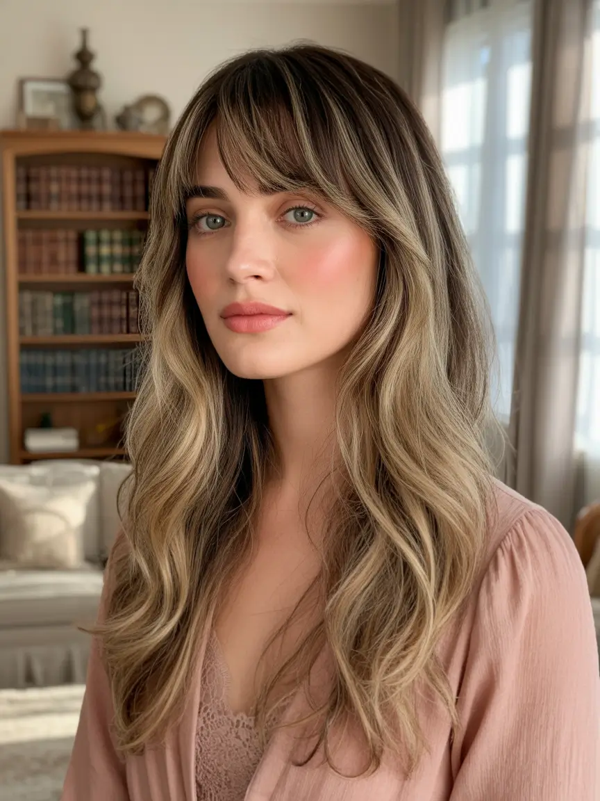 winter trending hair colors 2025-2026 Subtle Balayage on Long Brunette Hair