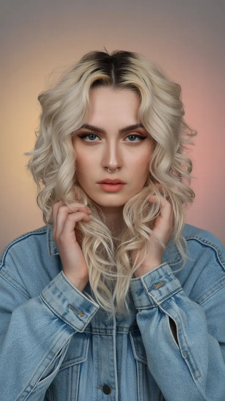 winter trending hair colors 2025-2026 Frosted Platinum Curls with Dark Roots