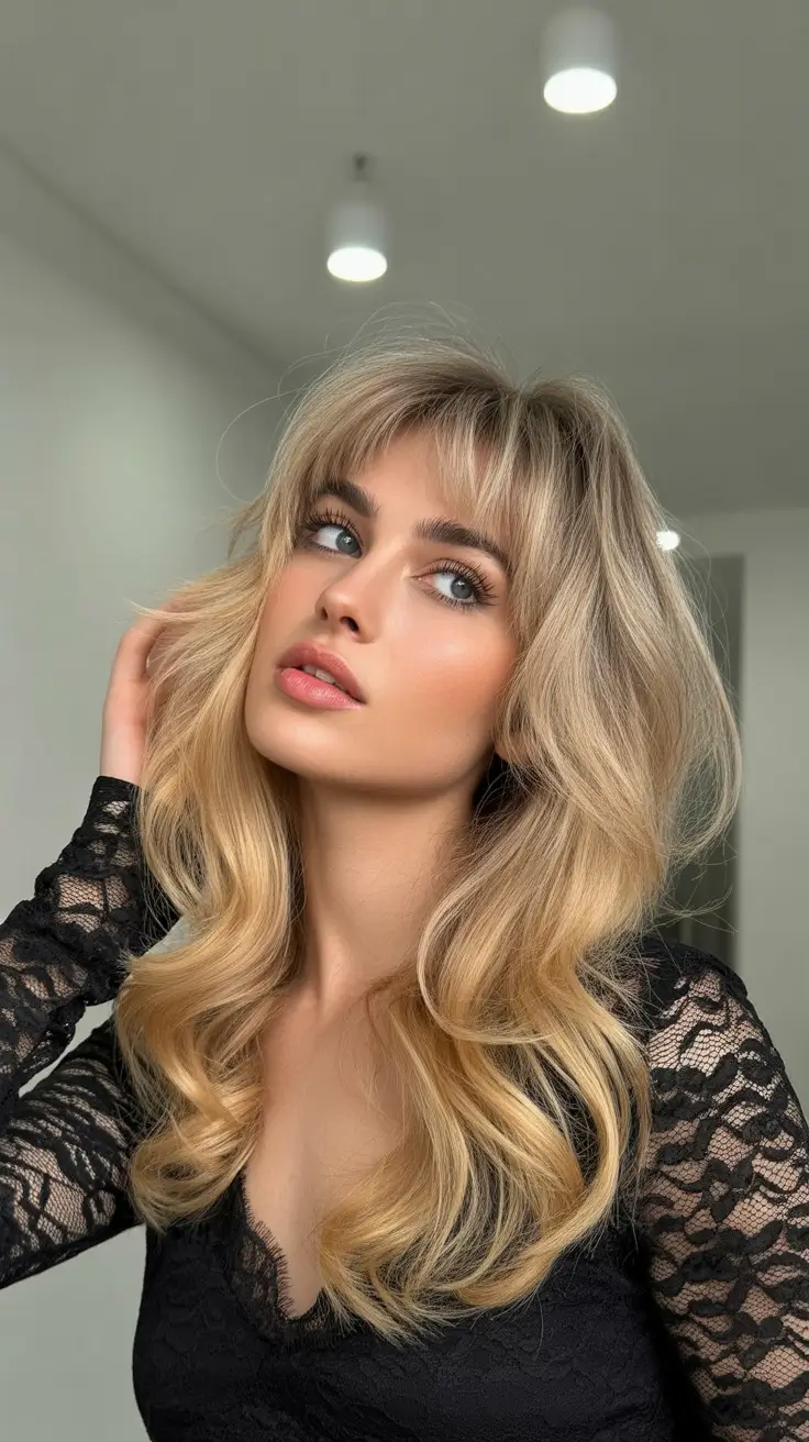 winter trending hair colors 2025-2026 Golden Blonde Curls with Soft Fringe