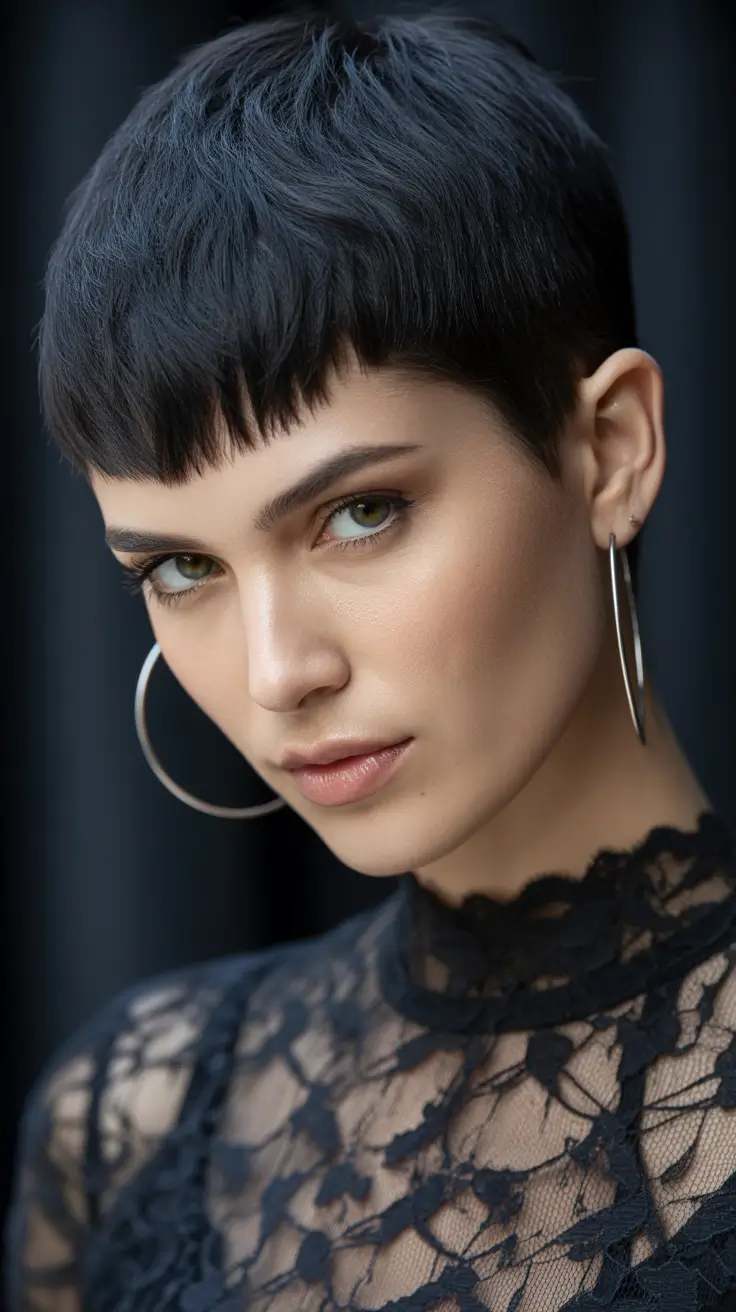 winter trending hair colors 2025-2026 Jet-Black Crop with Sharp Bangs