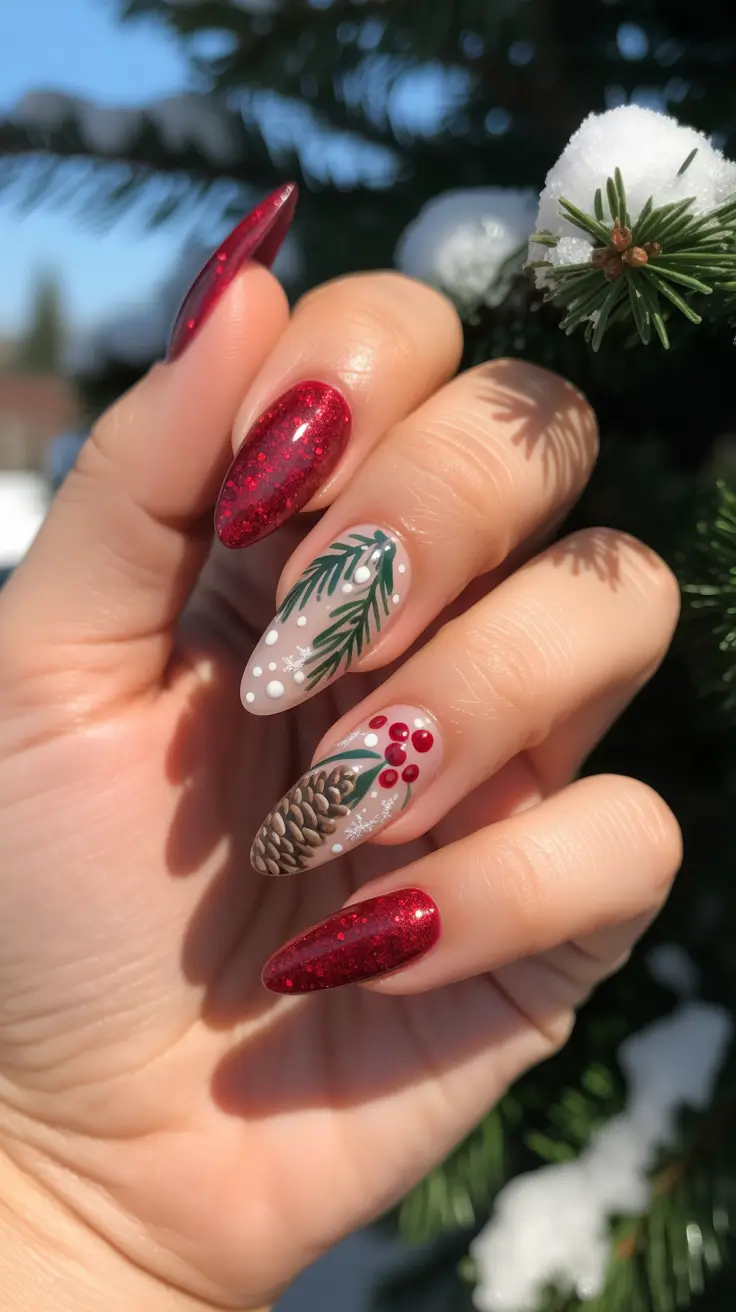 Trendy Christmas Tree Nail Ideas 2025 Frosted Pinecone Elegance
