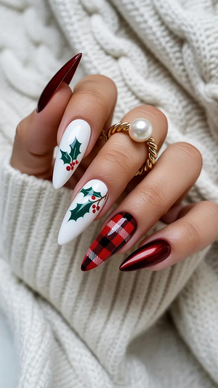 Trendy Christmas Tree Nail Ideas 2025 Holly Berry Luxe with a Plaid Twist