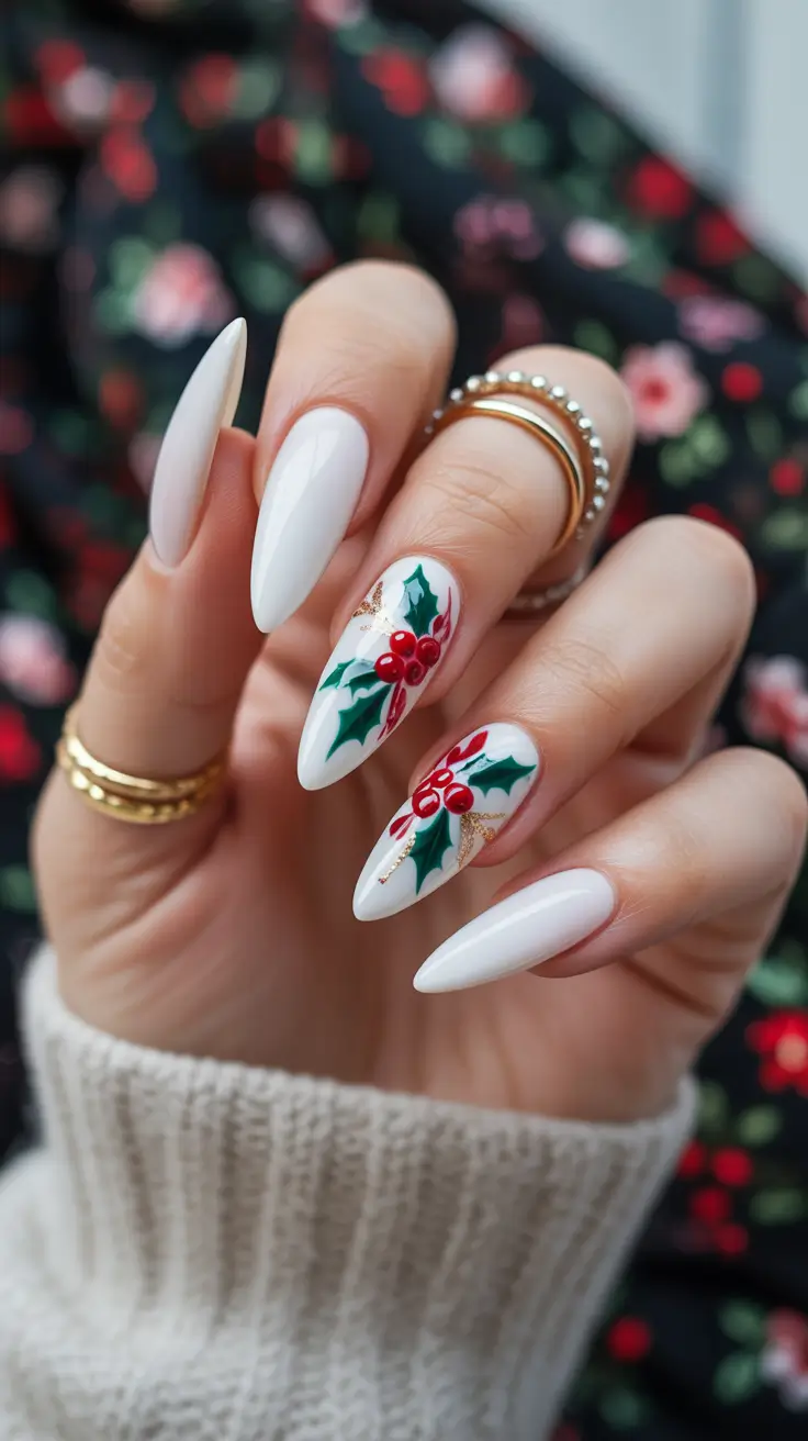 Trendy Christmas Tree Nail Ideas 2025 Snow-Kissed Holly Perfection