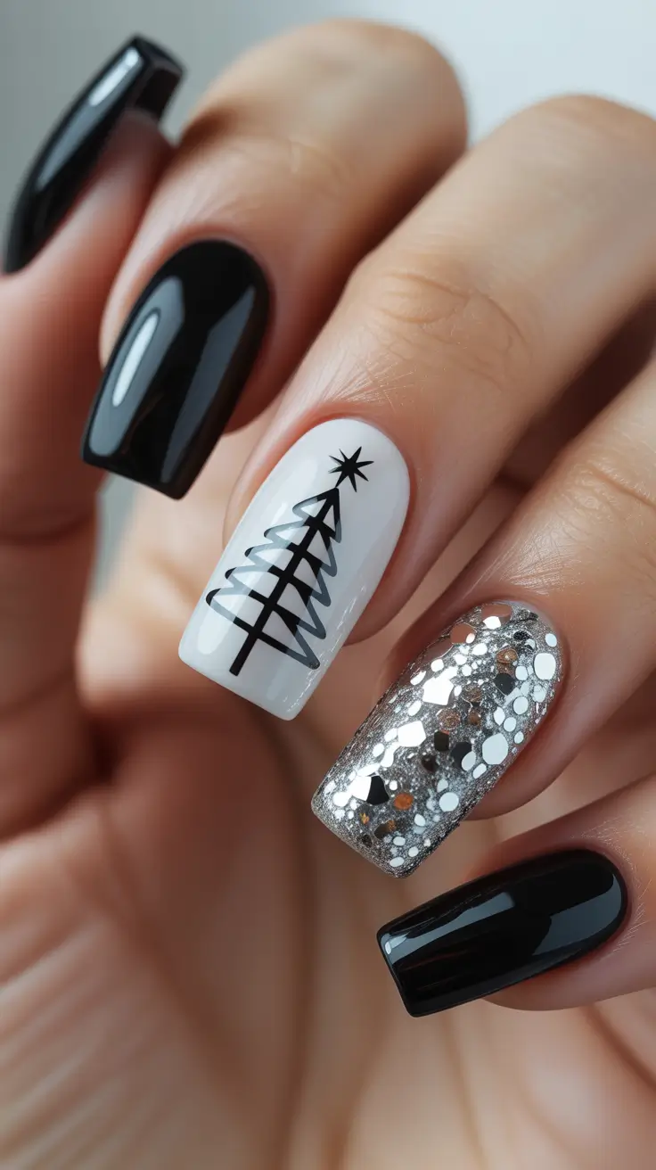 Trendy Christmas Tree Nail Ideas 2025 Black, White & Silver Holiday Chic