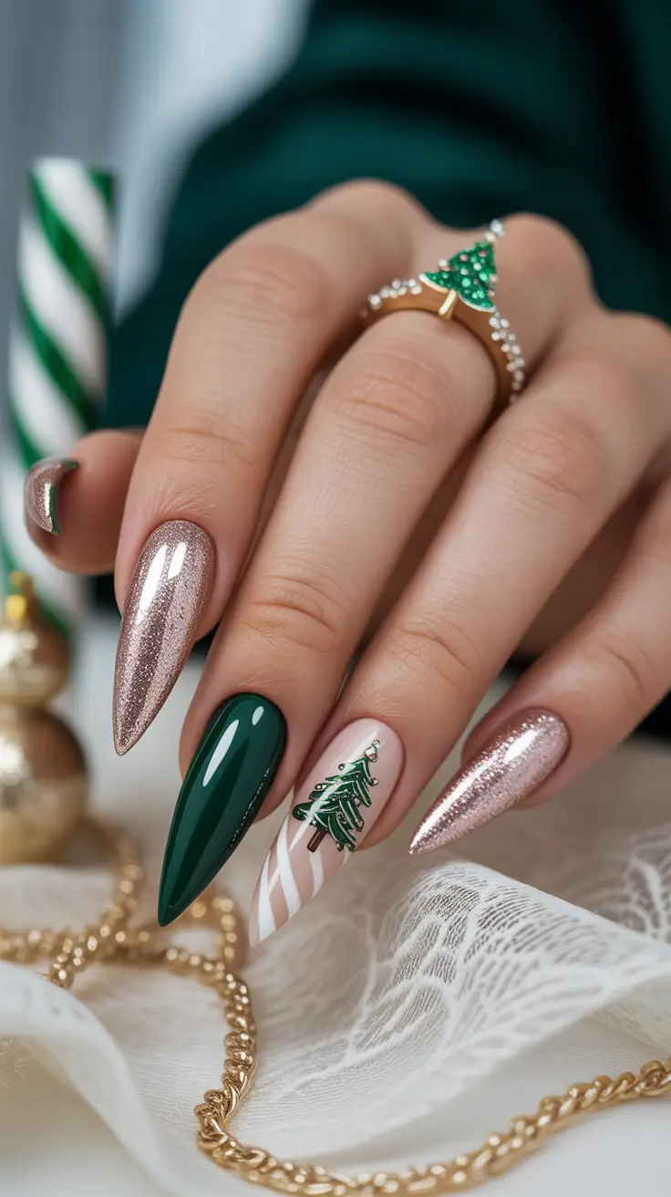 Trendy Christmas Tree Nail Ideas 2025 Golden Forest Whispers