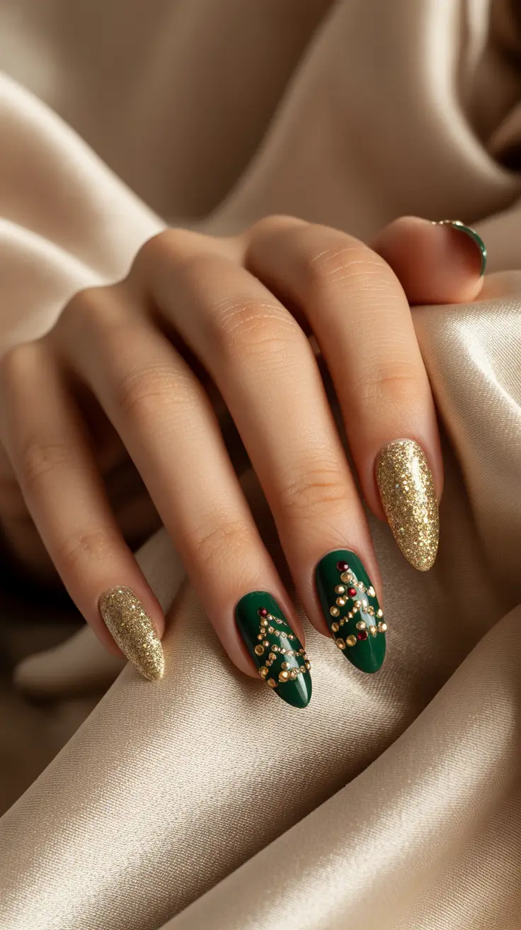 Trendy Christmas Tree Nail Ideas 2025 Golden Lights and Emerald Trees