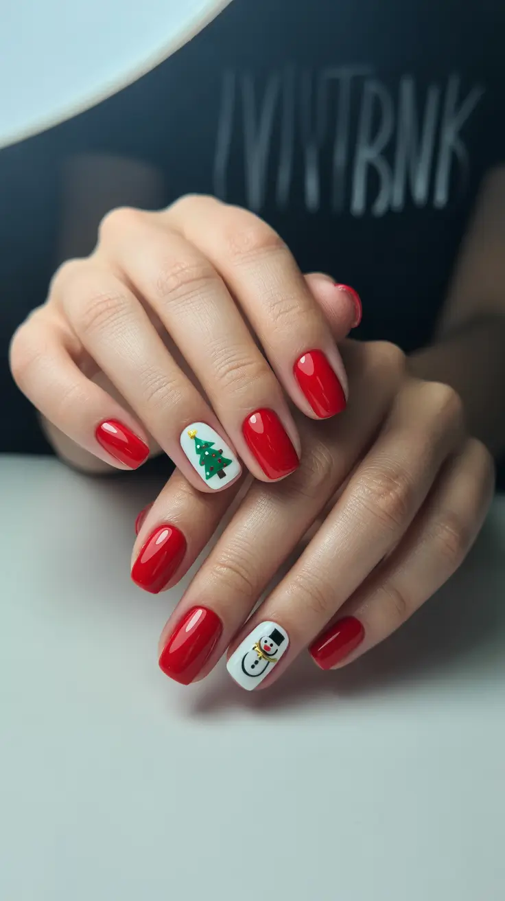 Trendy Christmas Tree Nail Ideas 2025 Classic Red with a Playful Twist