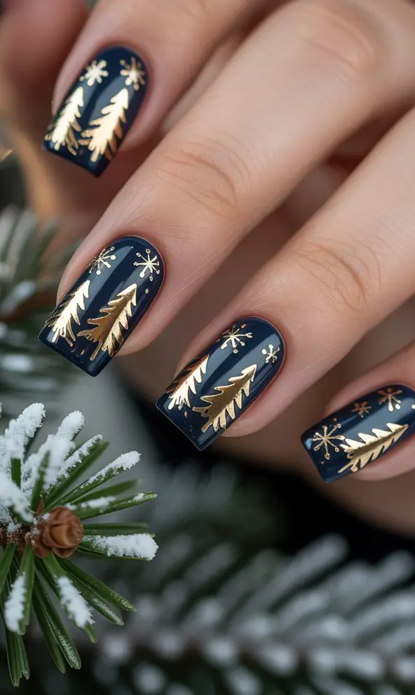 Trendy Christmas Tree Nail Ideas 2025 Midnight Luxe with Golden Trees