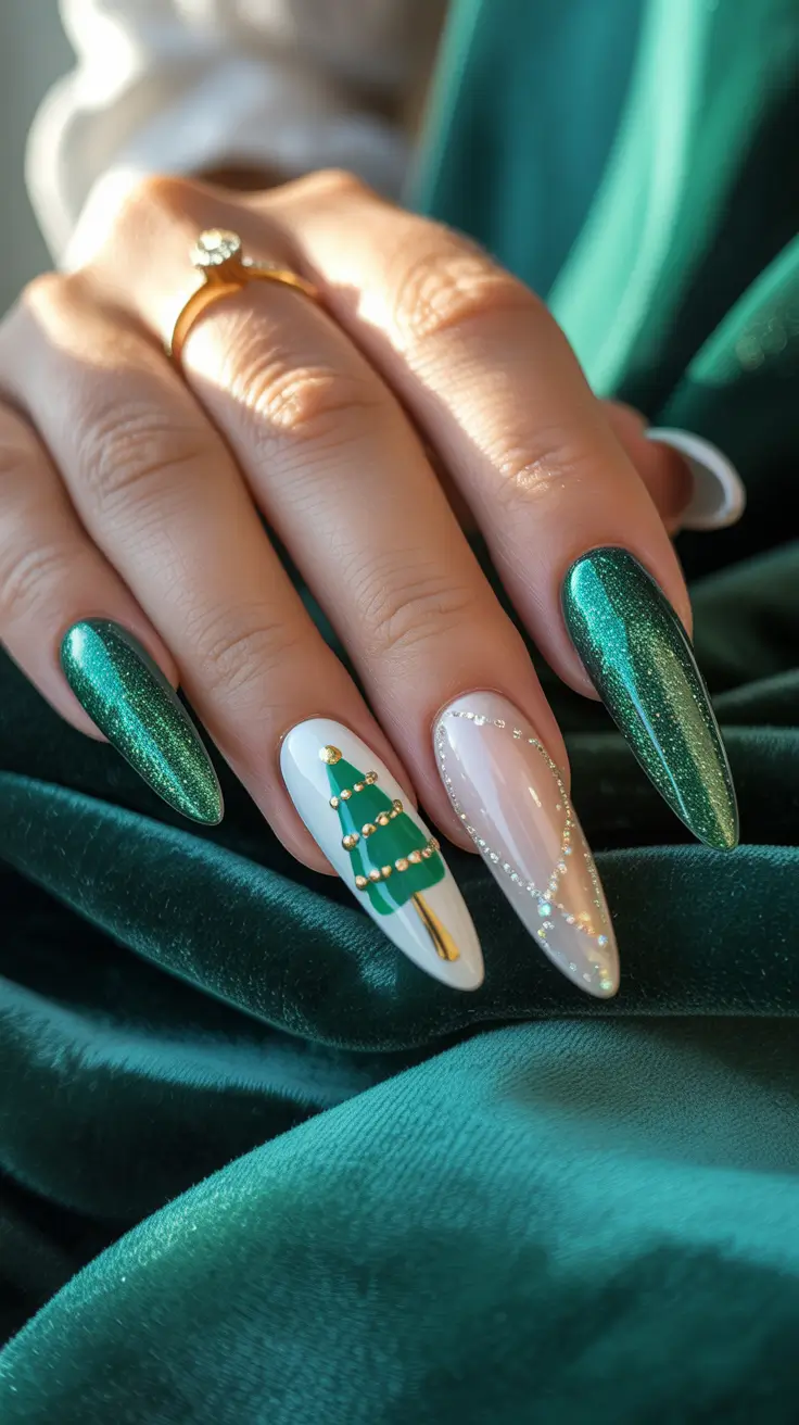 Trendy Christmas Tree Nail Ideas 2025 Emerald Chrome with a Touch of Magic