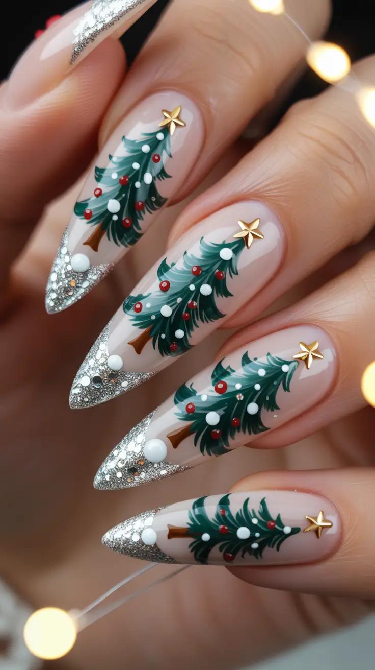 Trendy Christmas Tree Nail Ideas 2025 Silver Spark & Evergreen Dreams