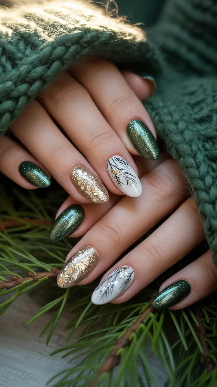 Trendy Christmas Tree Nail Ideas 2025 Golden Glow Pine