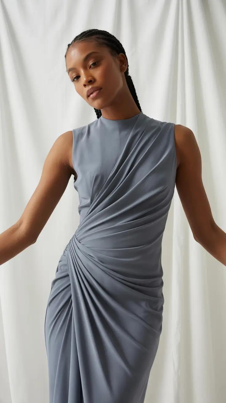 formal outfits for women 2026 Slate Grace Draped Perfection for the Modern Minimalist