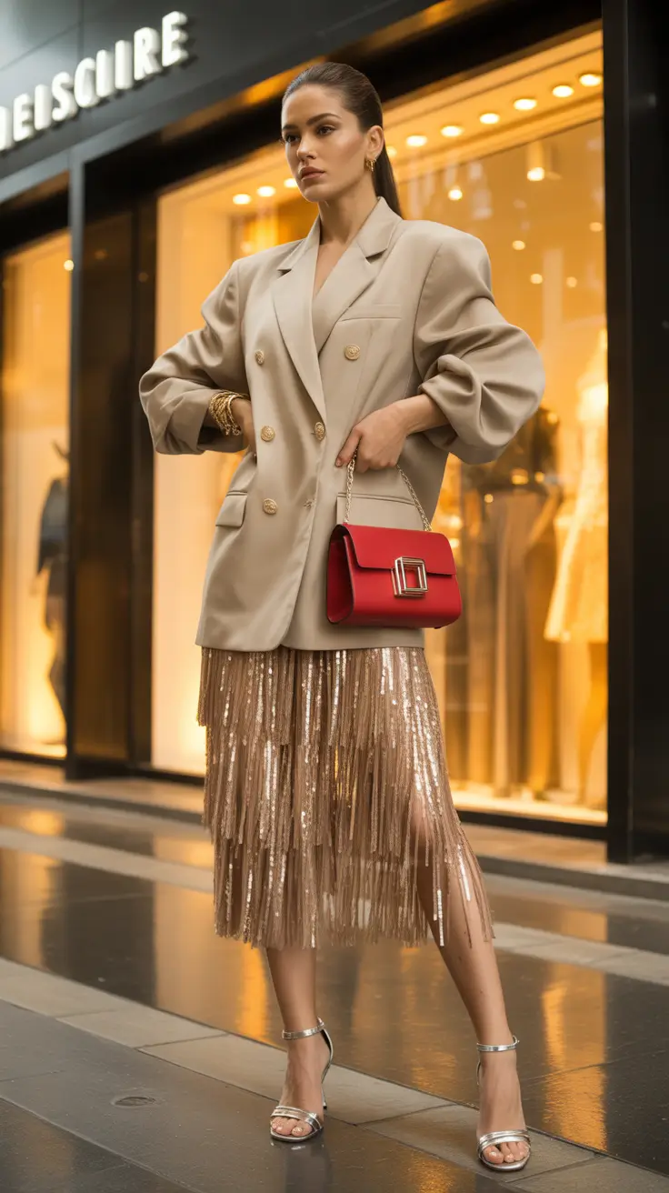 formal outfits for women 2026 Golden Fringe and Power Shoulders