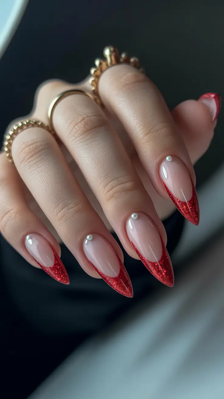Trendy French Nail Ideas Christmas 2025 - Red Glitter Tips