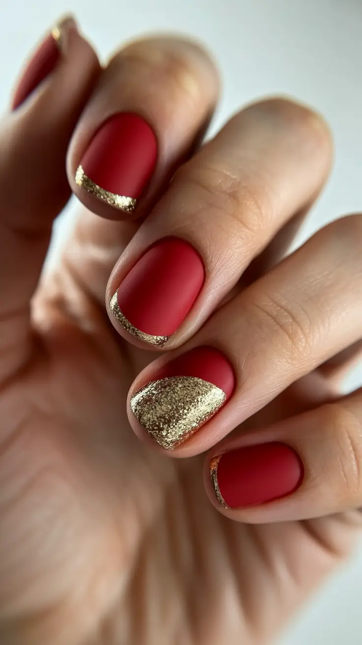 Trendy French Nail Ideas Christmas 2025 - Matte Red with Gold Accents