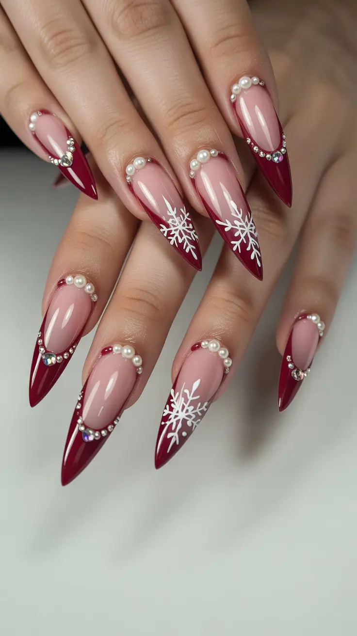 Trendy French Nail Ideas Christmas 2025 - Festive Red and White Snowflake Design