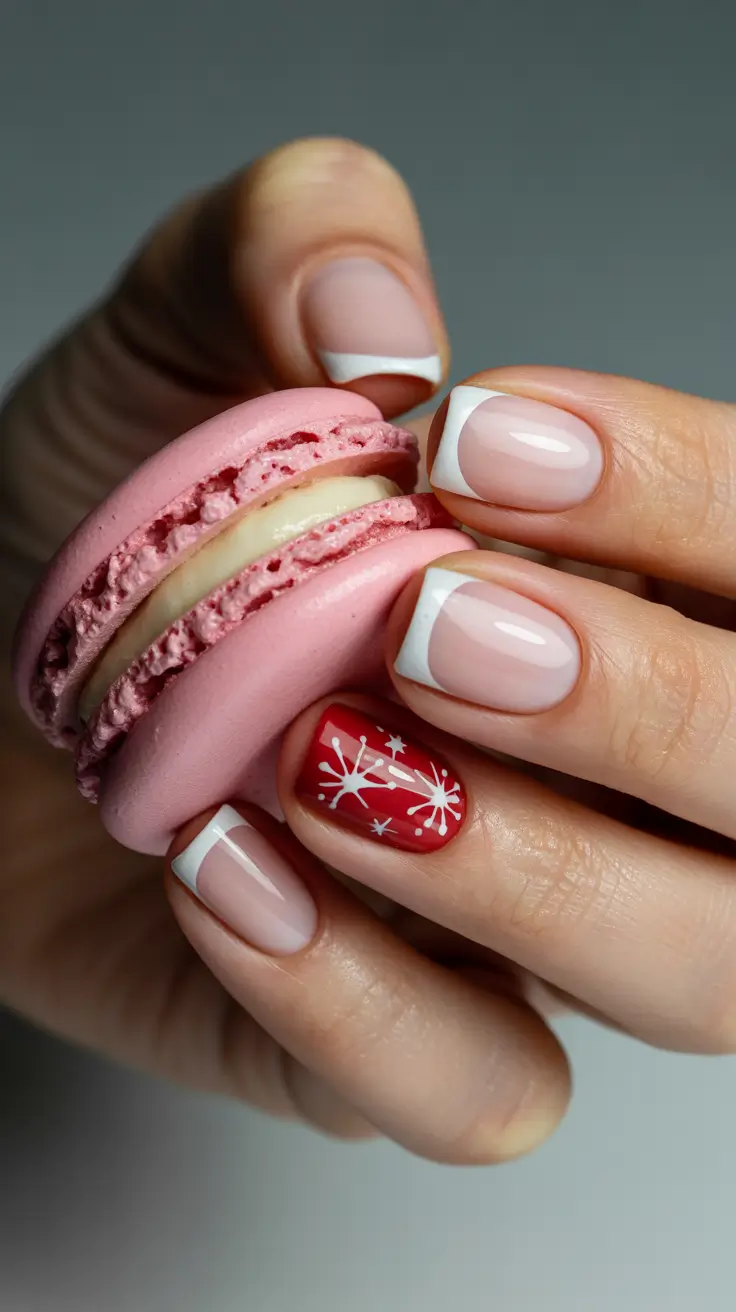 Trendy French Nail Ideas Christmas 2025 - Classic French Tips with a Bold Red Snowflake Accent