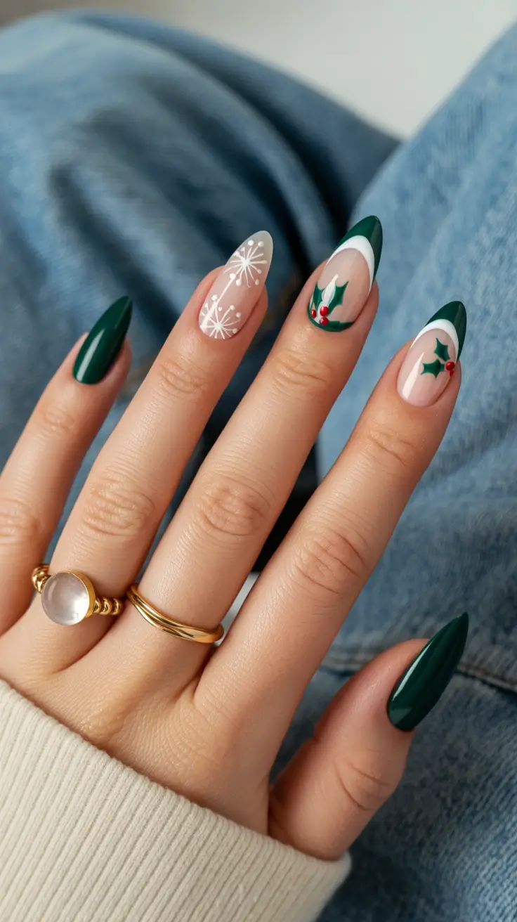 Trendy French Nail Ideas Christmas 2025 - Green and Red Christmas Nails with Holly Detail