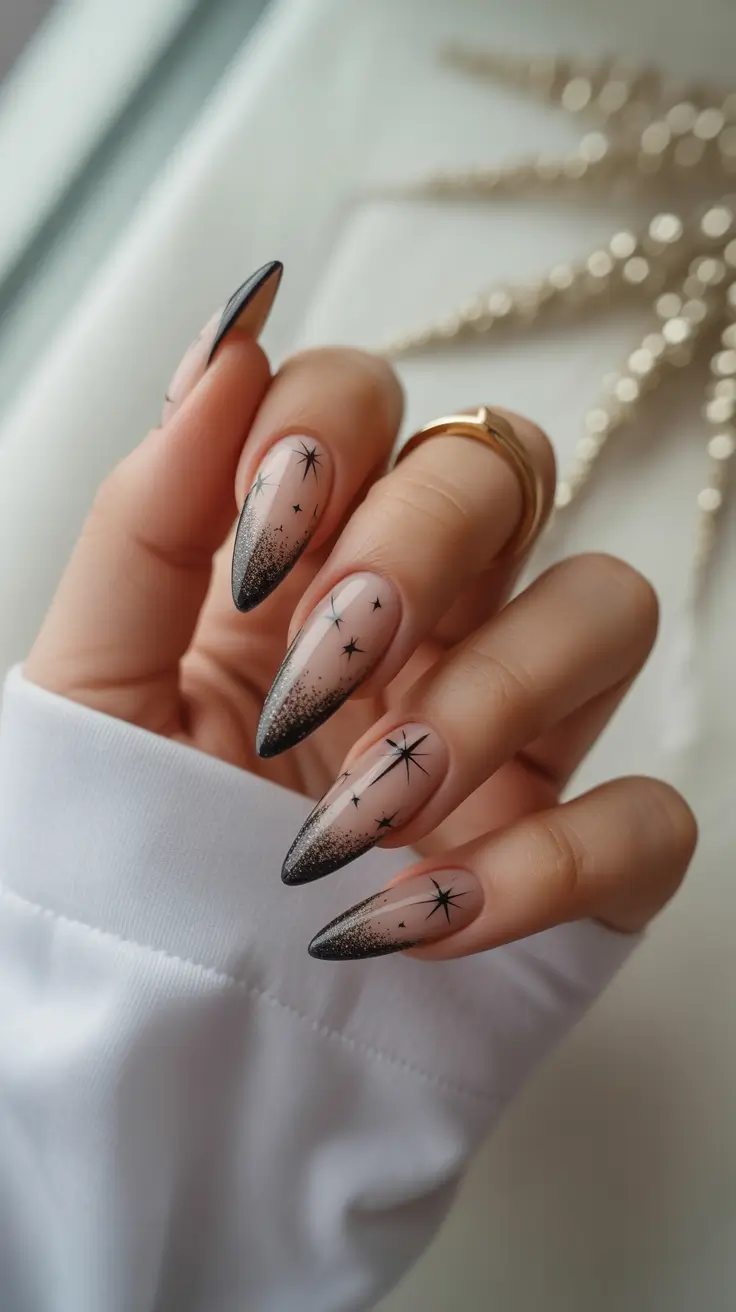 Trendy French Nail Ideas Christmas 2025 - Starry Night French Tips with Ombre Effect