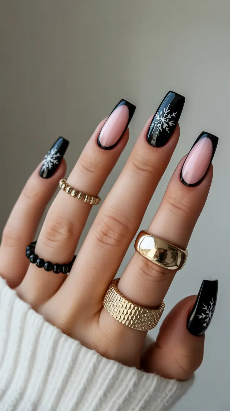 Trendy French Nail Ideas Christmas 2025 - Black French Tips with Snowflake Accent