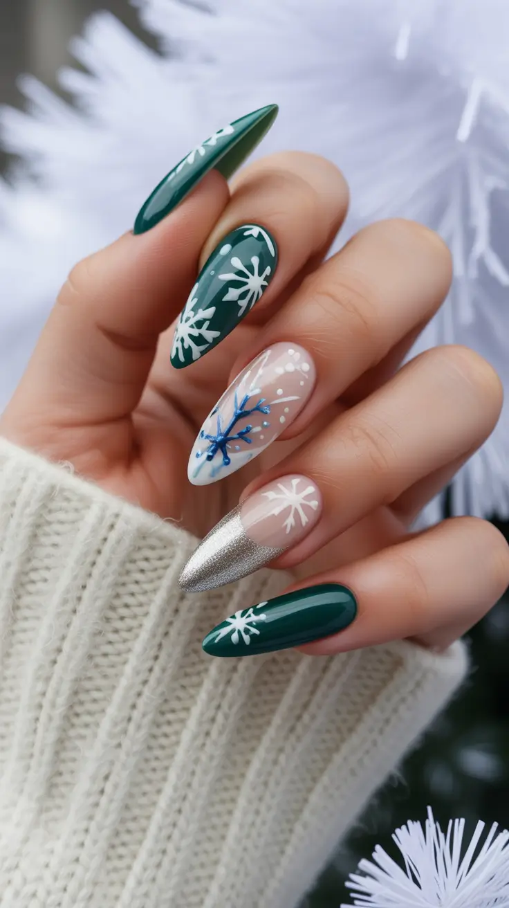 Christmas Snowflake Green and White French Nails