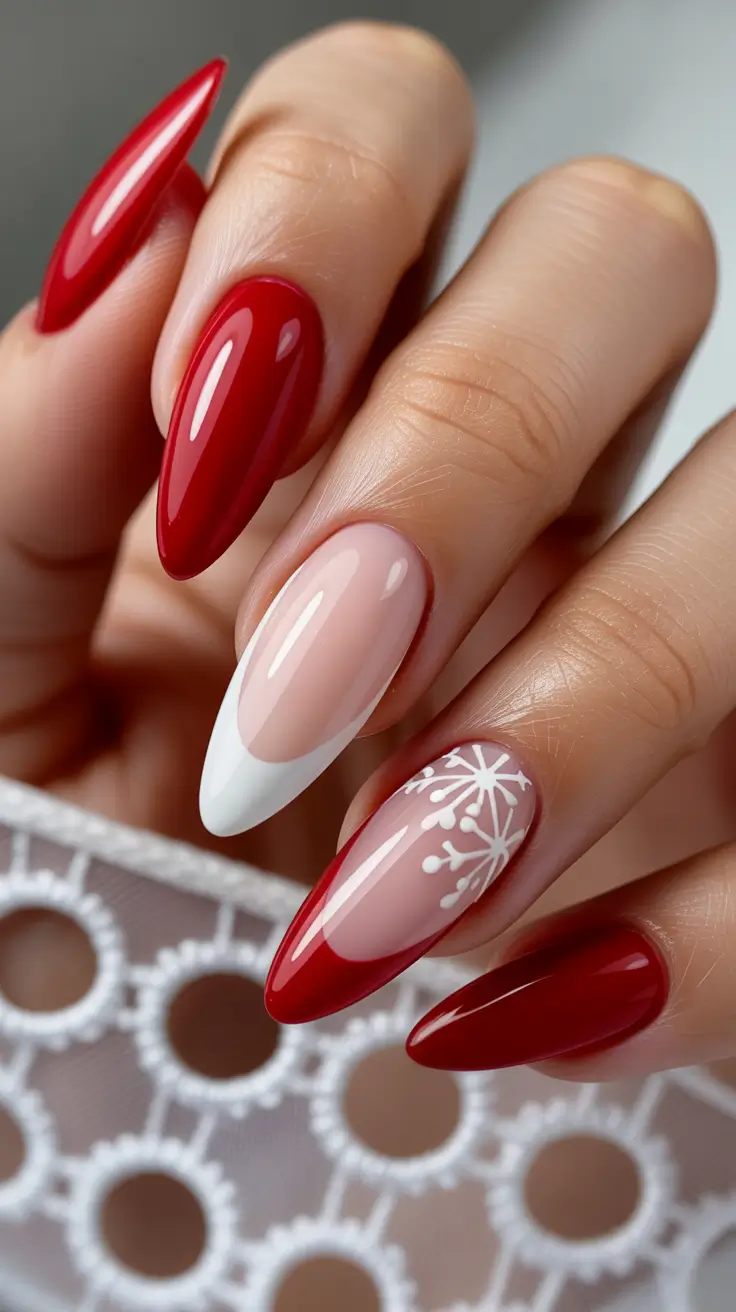Christmas Red and White French Manicure