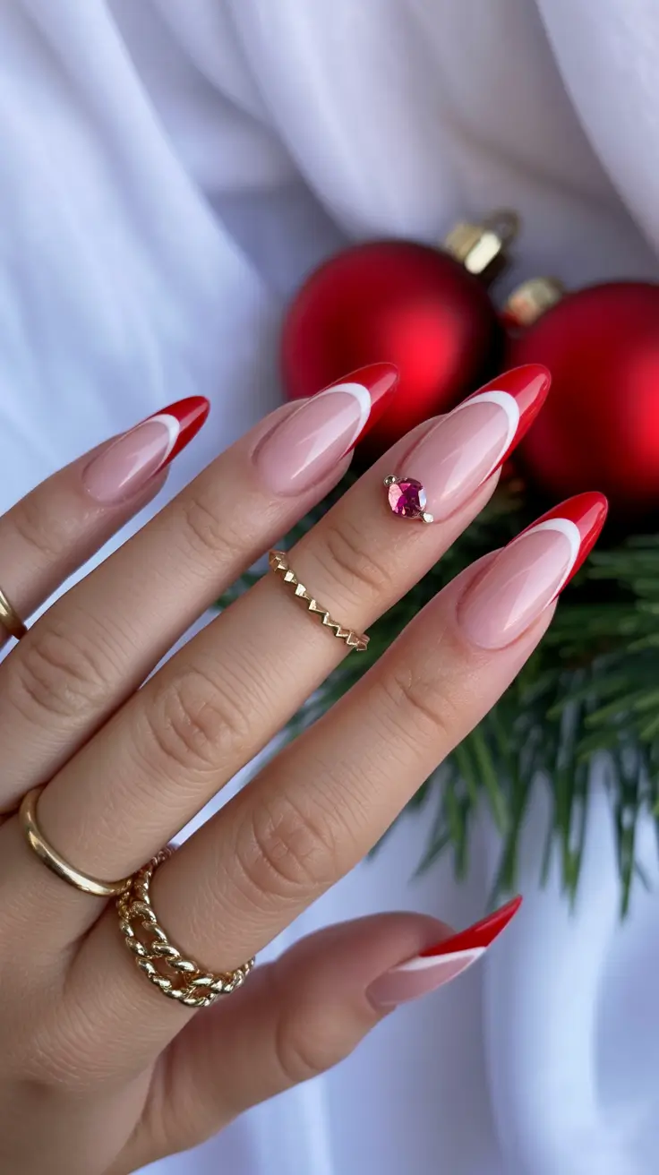 Christmas French Manicure with Red Tips and Gem