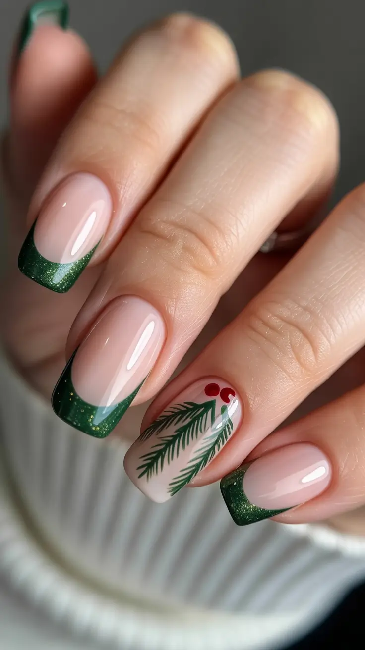 Christmas Green and Gold French Tips