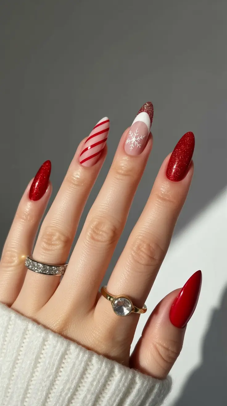 Trendy French Nail Ideas Christmas 2025 - Festive Stripes and Snowflakes