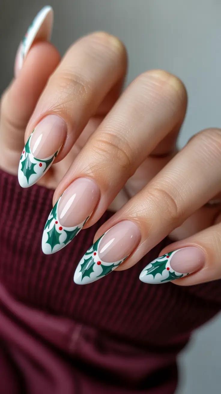 Christmas French Nails with Holly and Berries