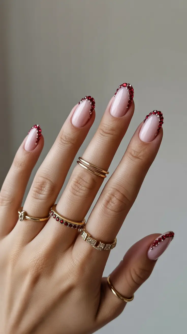French Nails with Red Gems