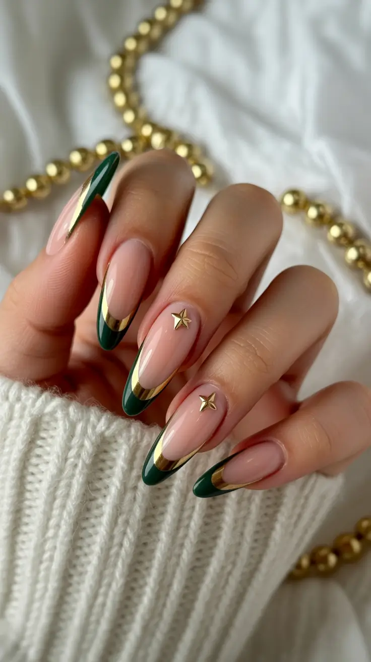 Green and Gold Star French Nails