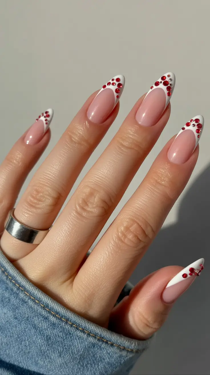 French Nails with Red Rhinestones