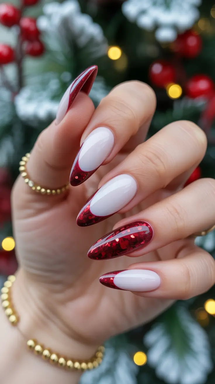 Trendy French Nail Ideas Christmas 2025 - Red and White French Tips with Glitter