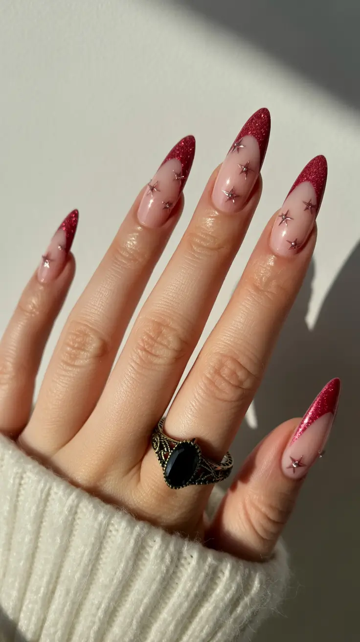 Trendy French Nail Ideas Christmas 2025 - Sparkling French Tips with Star Accents