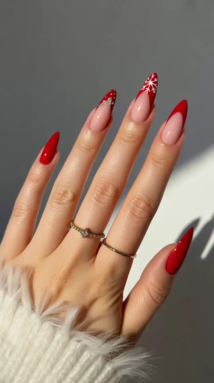 Trendy French Nail Ideas Christmas 2025 - Classic Red with Snowflake Detailing