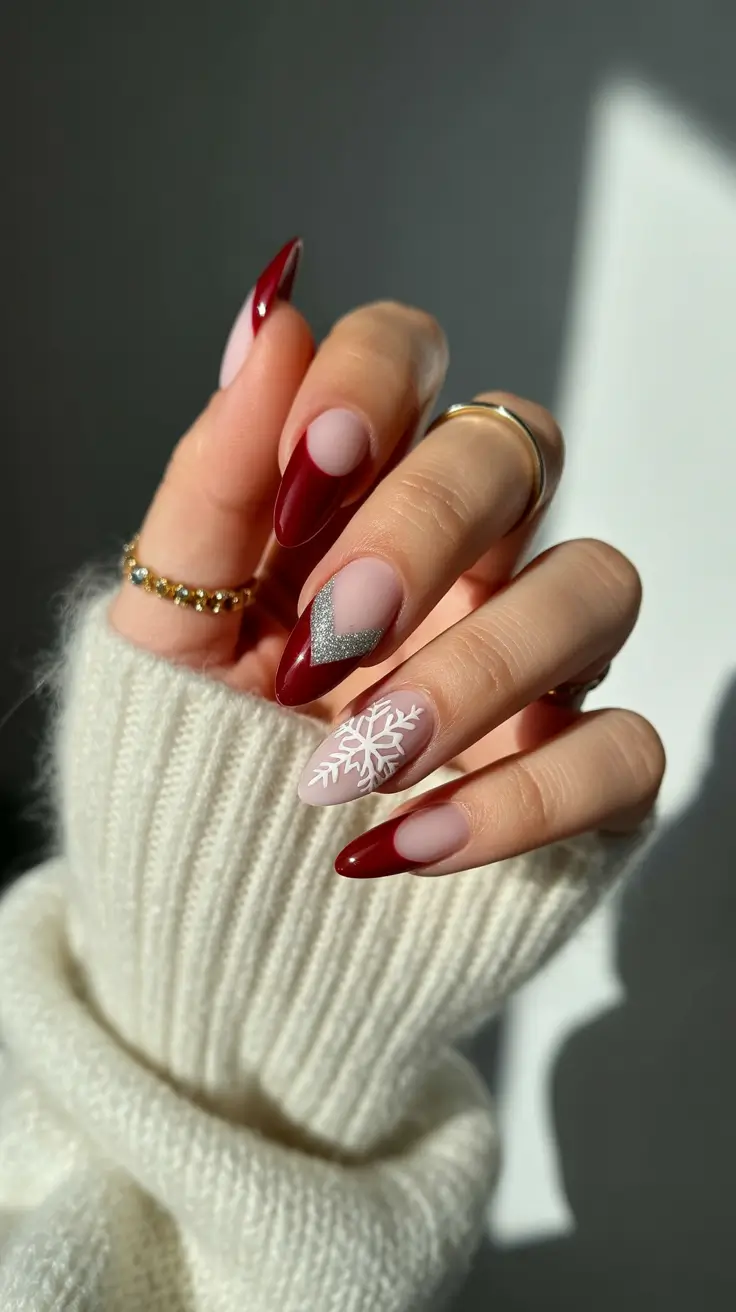 Trendy French Nail Ideas Christmas 2025 - Wintery Red and Silver French Nails