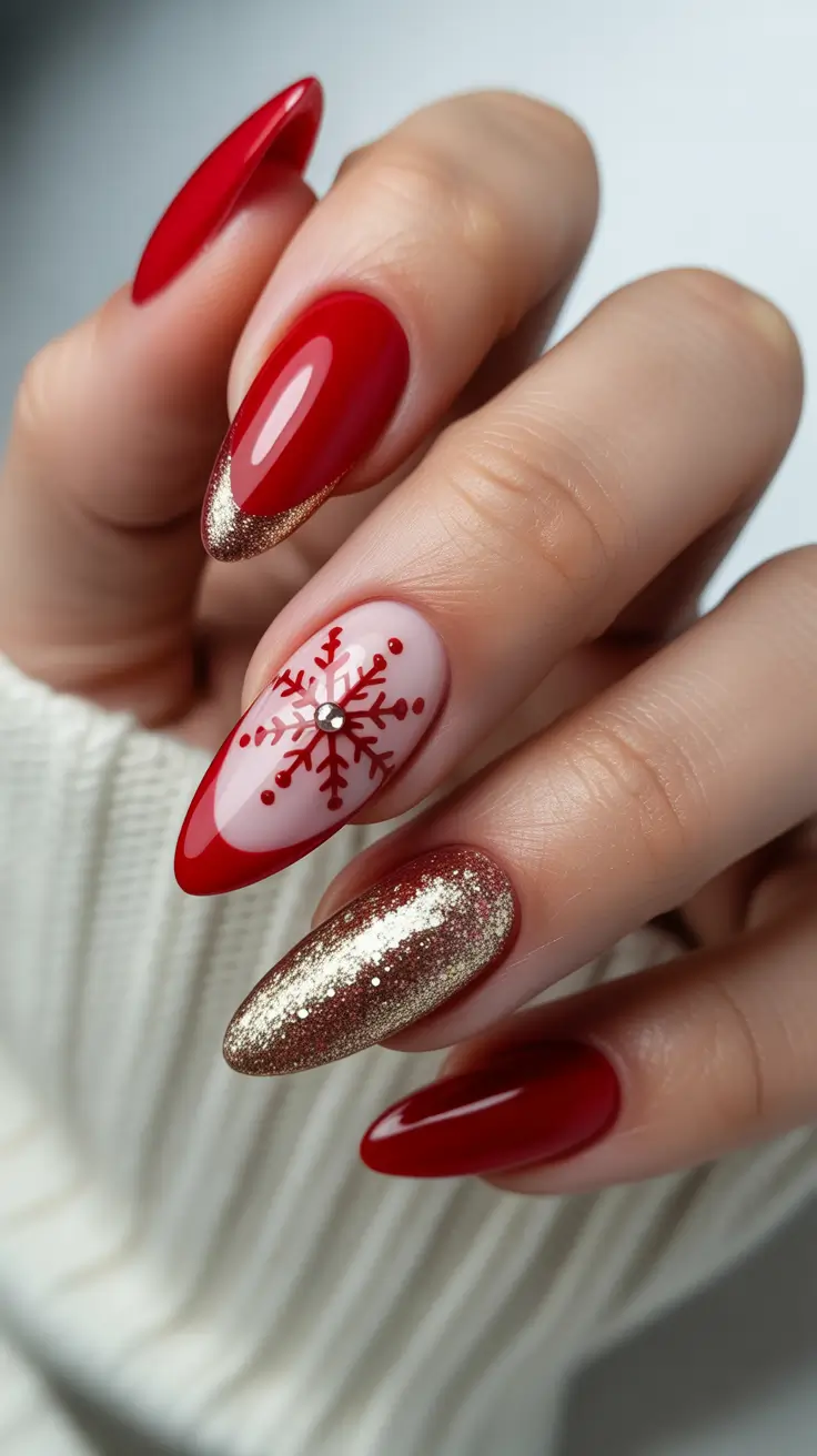Trendy French Nail Ideas Christmas 2025 - Snowflakes and Red with Gold Glitter
