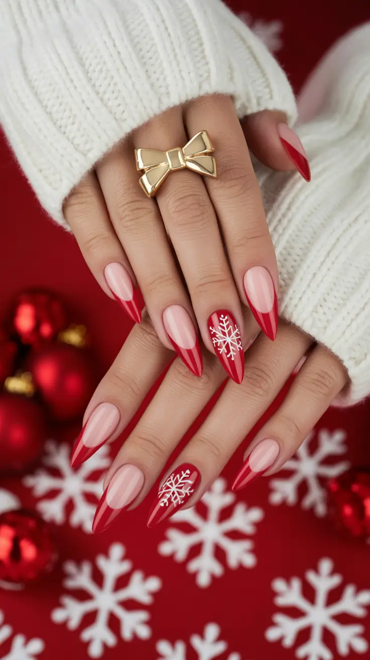 Trendy French Nail Ideas Christmas 2025 - Bold Red with Snowflake and Subtle Accents