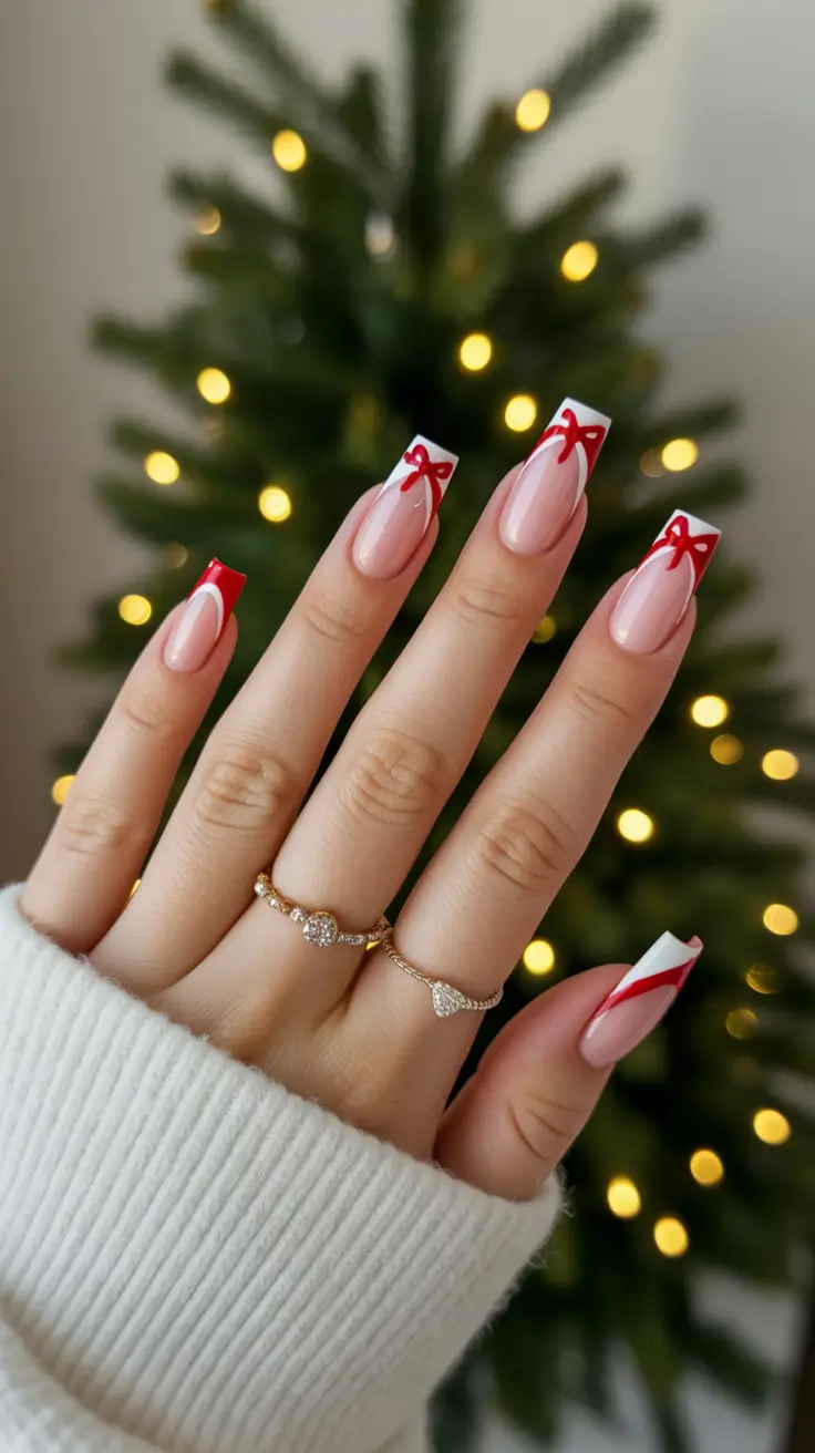 Trendy French Nail Ideas Christmas 2025 - Christmas Bows and Candy Cane Stripes