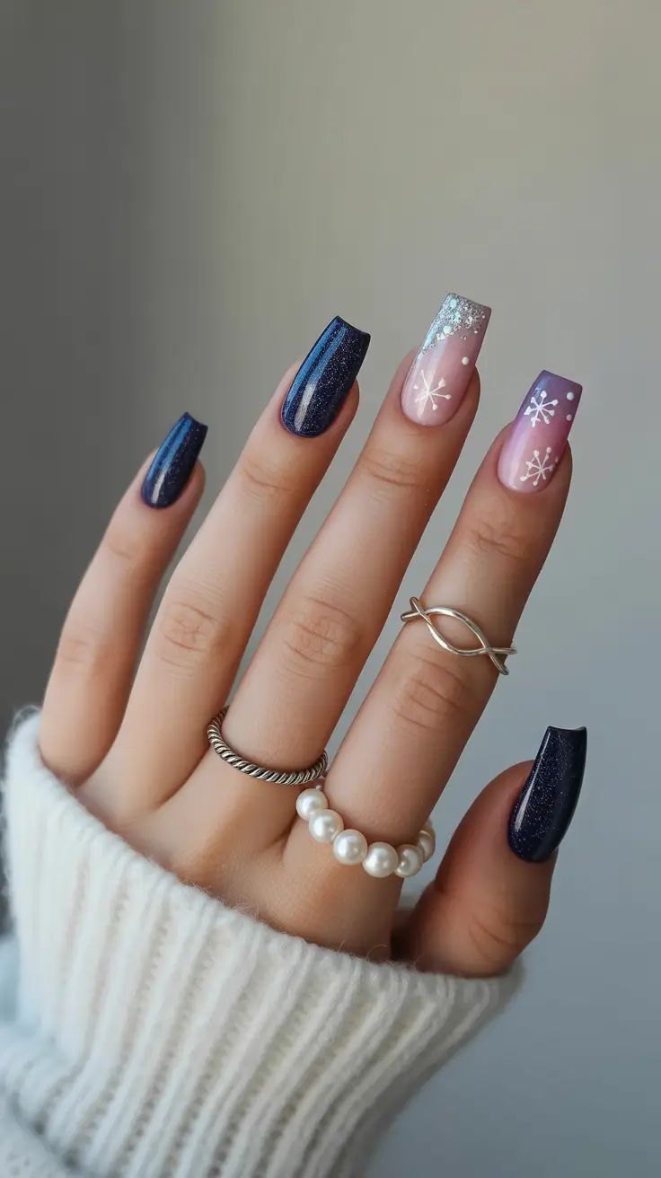 Simple winter nails 2025-2026 midnight blue snowflake