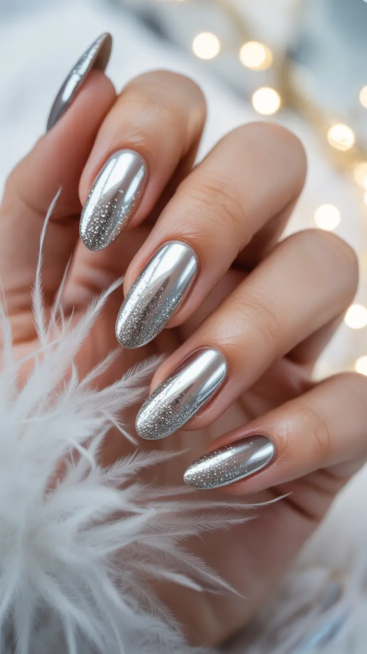 Simple winter nails 2025-2026 silver chrome glitter