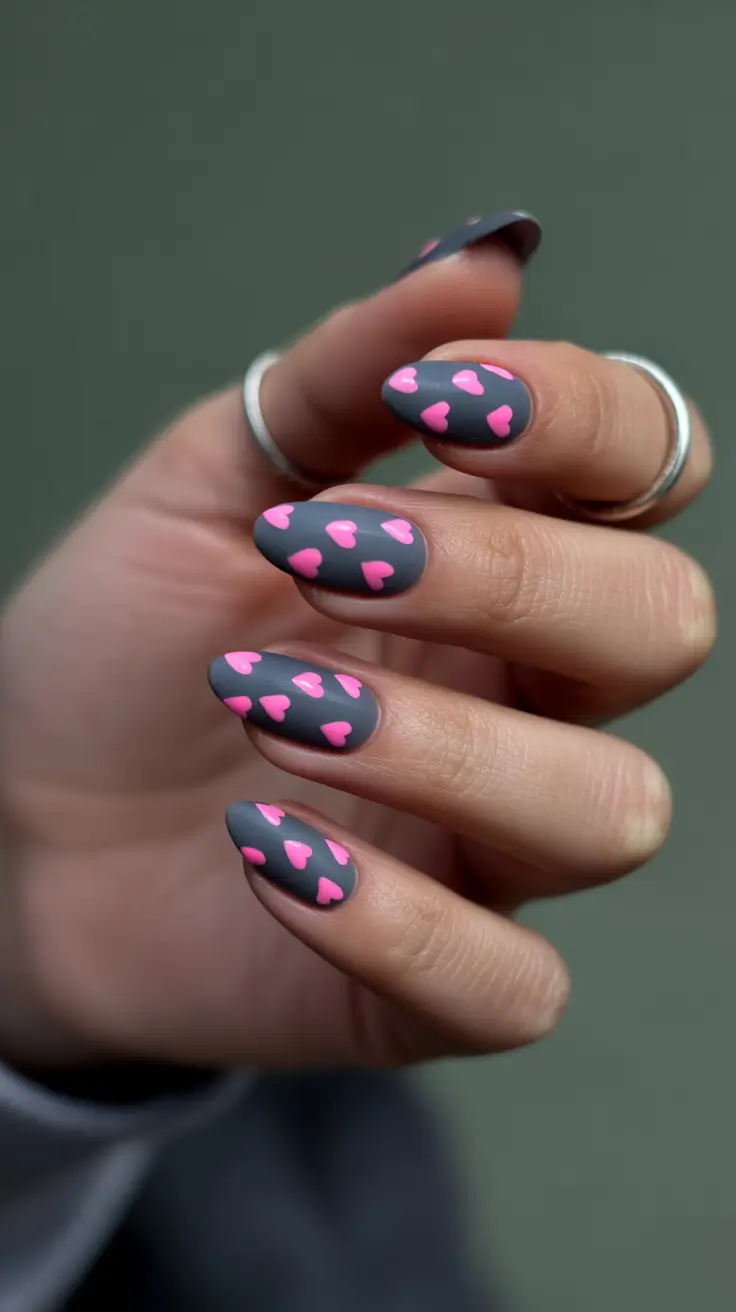 Simple winter nails 2025-2026 pink hearts on gray matte
