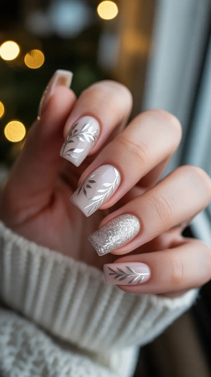 Simple winter nails 2025-2026 silver leaf